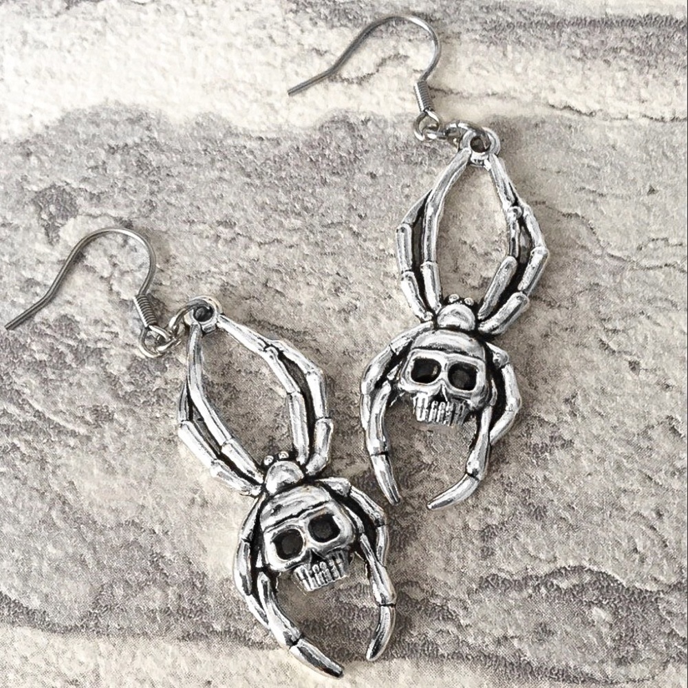 Any 2/$20! Silver Skull Spider Drop Earrings - Picture 2 of 7